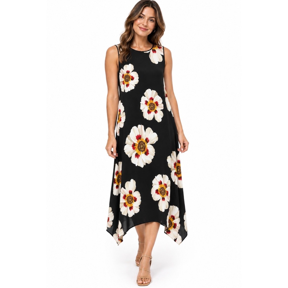 Lafayette 148 New York Floral Handkerchief Hem Midi Dress Black Womens Size L